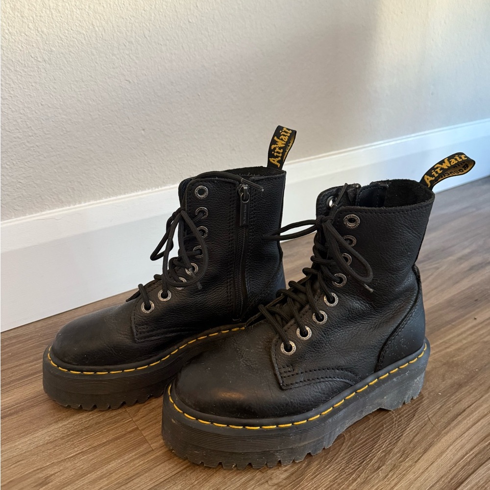 Dr. Martens Black Leather Platform Combat Boots with Yellow Stitching